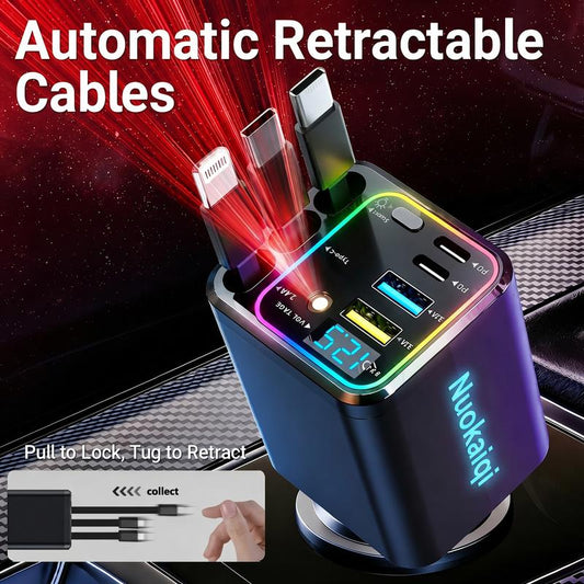 ⏳Zeitlich begrenztes Angebot: 50 % Rabatt⏰Schnelllade-Autoladegerät mit 7-in-1-Kabel, ausziehbarem Stecker und Spannungsanzeige – USB-C für Android & Lightning für Apple🔋📱