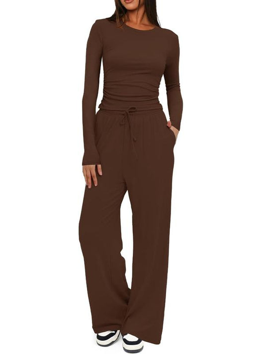 🔥LETZTER TAG 50 % RABATT👚2-teiliges Lounge-Set für Damen: Oberteil mit Rüschen & Hose mit weitem Bein💕