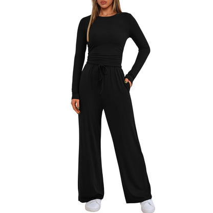 🔥LETZTER TAG 50 % RABATT👚2-teiliges Lounge-Set für Damen: Oberteil mit Rüschen & Hose mit weitem Bein💕