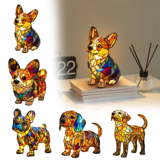 Farbblockierende LED-Tischlampe mit Welpenstatue