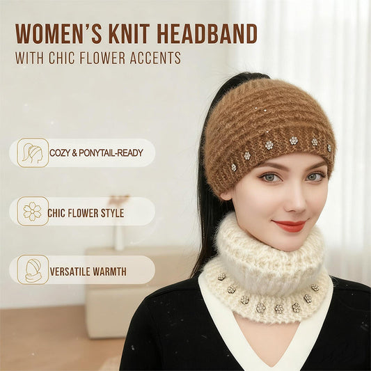 Strickstirnband für Damen mit Blumenakzenten