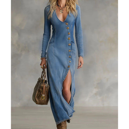 🔥KOSTENLOSER VERSAND🔥👗 Langärmliges Maxikleid mit V-Ausschnitt für Damen – Elegant und bequem für jeden Anlass ✨🌸