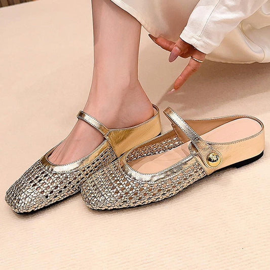 👡54 % Rabatt!☁️Damen-Mules aus gewebtem Material mit eckiger Spitze und Mary-Jane-Verschluss
