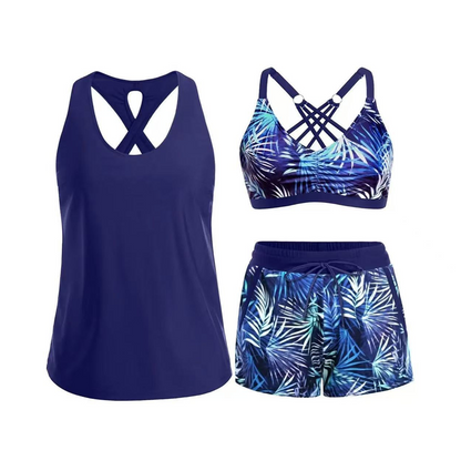 ⌛50 % RABATT FÜR BEGRENZTE ZEIT!👙Plus Size 3-teiliges Badeset – Tankini Top, Neckholder Bikini & Palmenprint Badeshorts, figurfreundlich für Strand & Pool