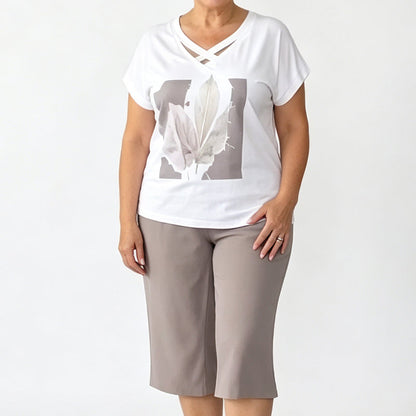 👚 LIMITIERTER 50% RABATT! Damen 2-teiliges Casual-Set für reifere Frauen – Kreuz-V-Ausschnitt Print-Shirt + 7/8 Cropped-Hose, weicher atmungsaktiver Stoff für Alltag, Yoga & Freizeit